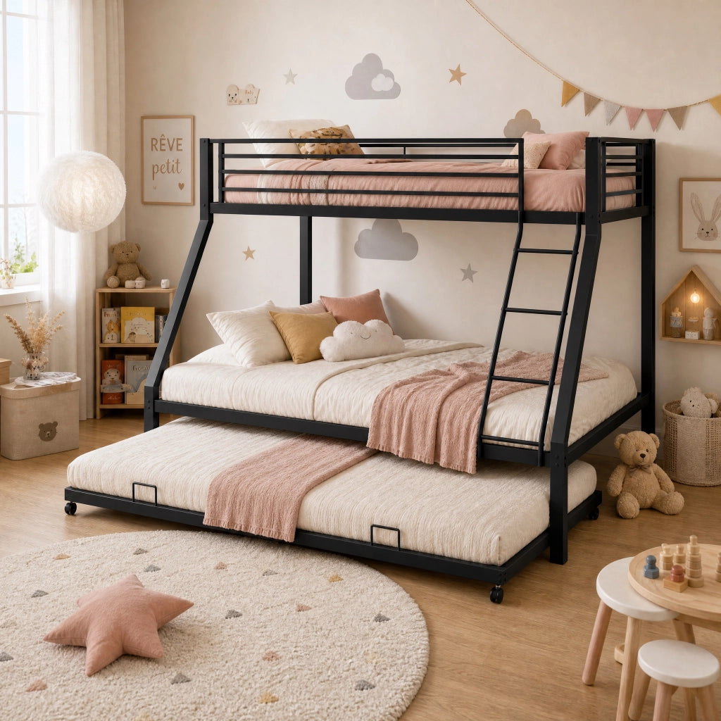 Letto a castello in metallo nero 90 × 200 cm e 140 × 200 cm con letto estraibile 90 × 190 cm fino a 550 kg