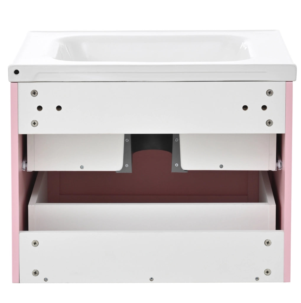 Mobile lavabo da bagno a pavimento con lavabo in ceramica, MDF rosa e bianco