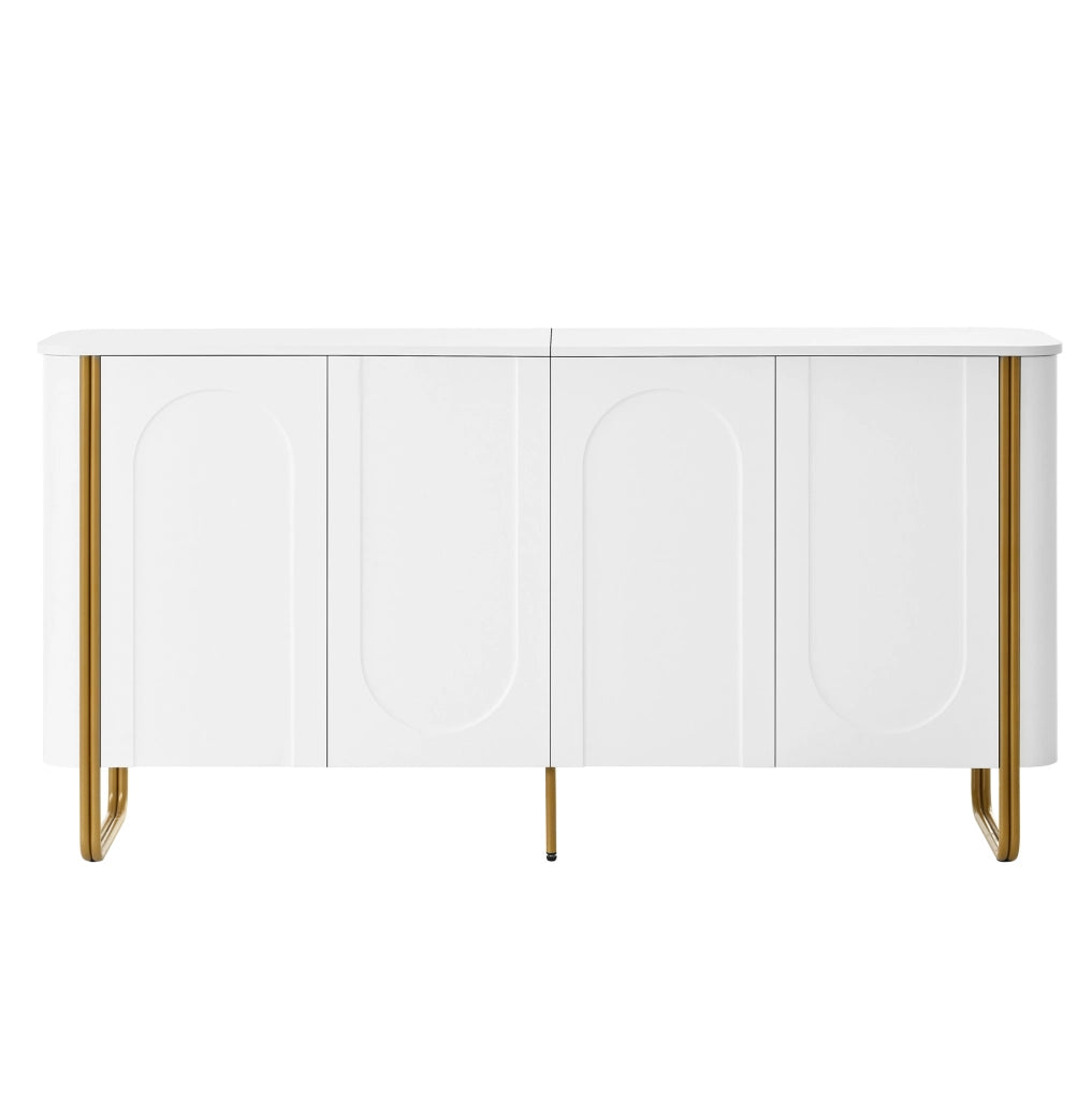 Credenza ULEVR 160x35x80,5 cm con 4 ante Push-to-Open e 4 vani interni, MDF bianco con piedi in ferro