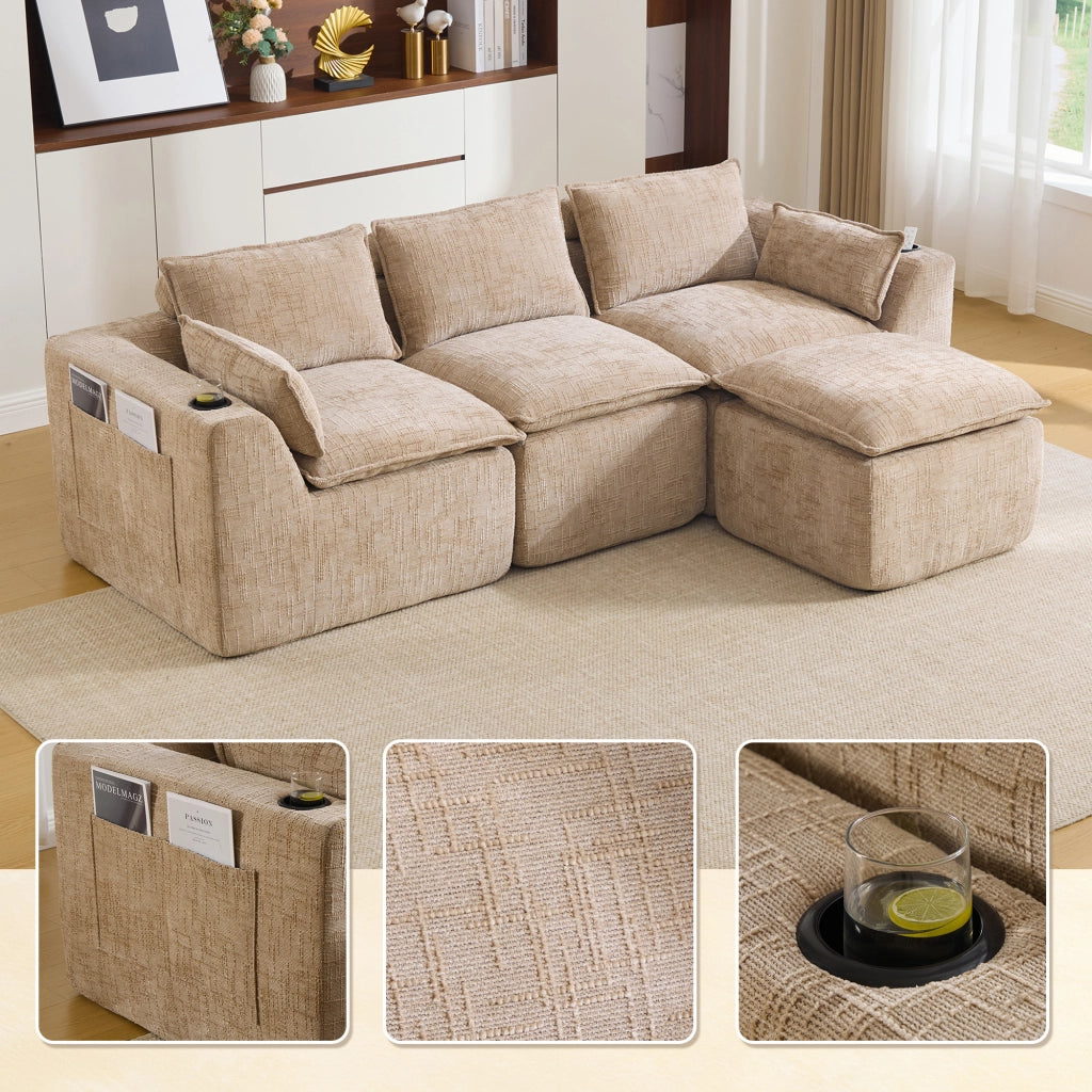 Divano 3 Posti con Poggiapiedi e Cuscini ¨C MINIMAL ¨C Chenille Kaki