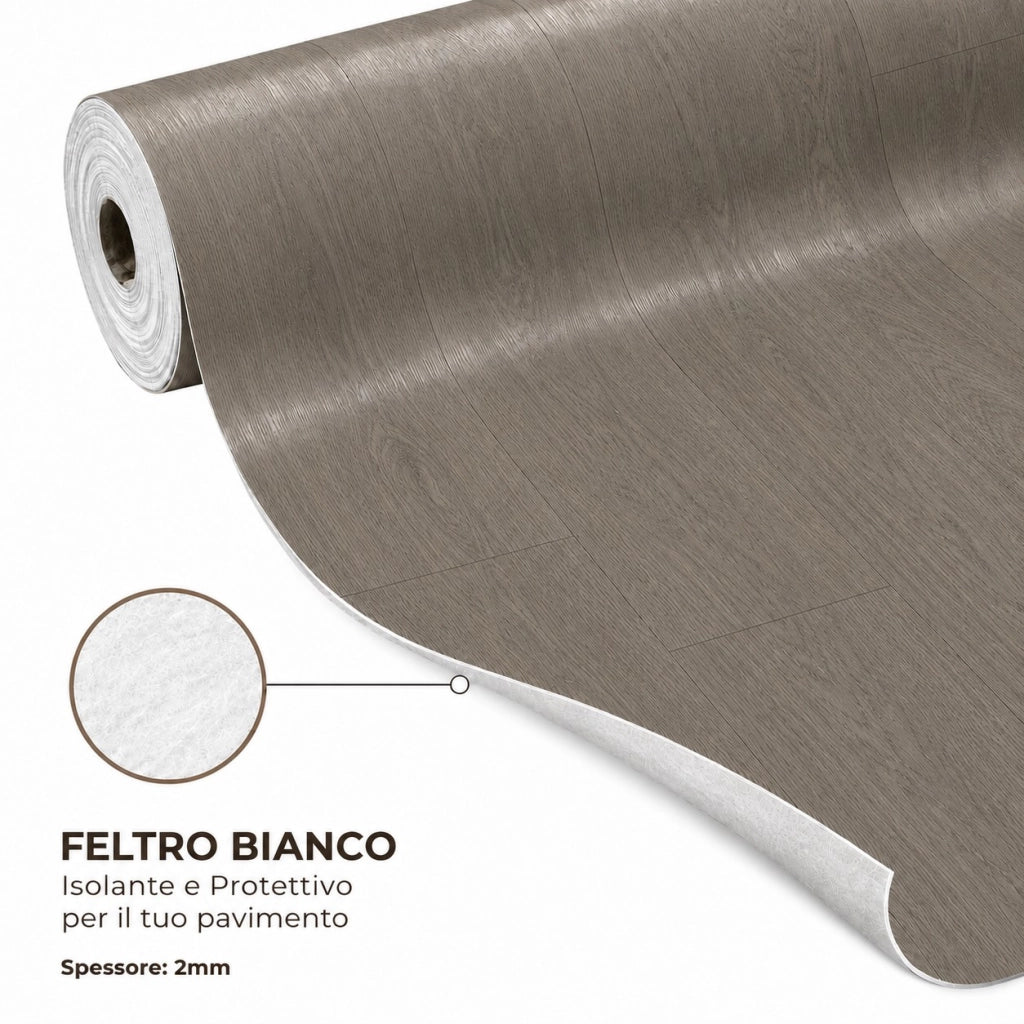 1 x 15 m (15 m²) Pavimento Vinilico a Rotolo Effetto Legno Rovere Grigio – Spessore 2 mm con Feltro Fonoassorbente