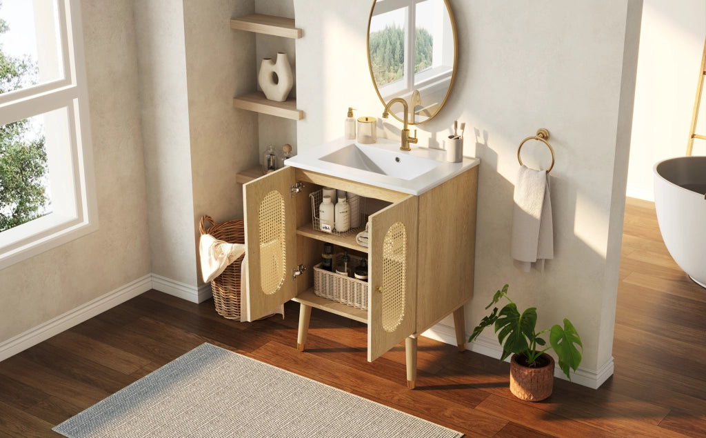 Mobile bagno 61cm con lavabo in ceramica, ante in rattan traspirante e struttura in MDF effetto legno naturale