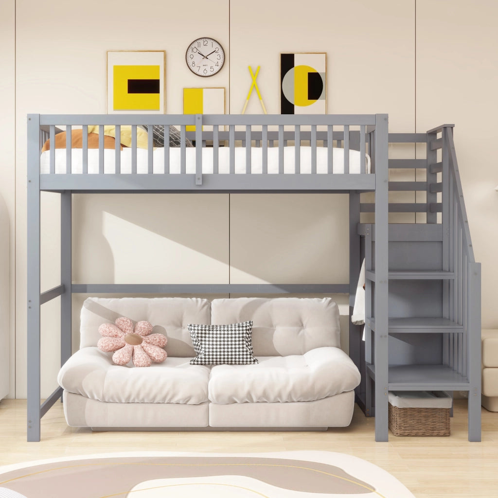 Letto a soppalco 90x200 Letto per bambini in legno con armadio e scale Grigio