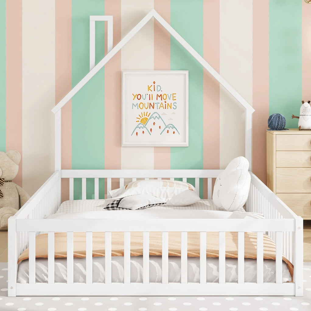 Letto per bambini 140x200 cm con design a camino, sponde di sicurezza e rete a doghe