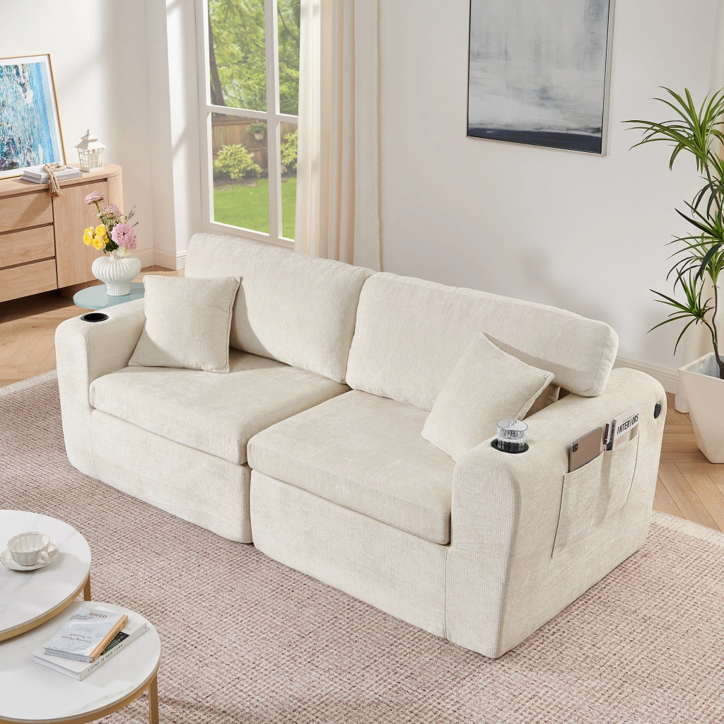 Divano Relax 2 Posti in Chenille con Tasca Laterale e Cuscini ¨C MINIMAL ¨C Beige
