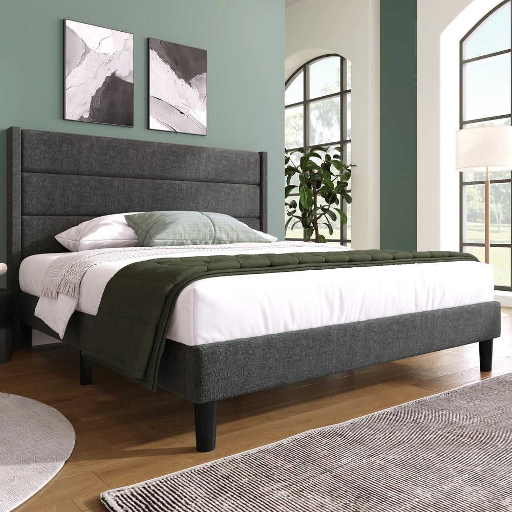 Letto Imbottito Matrimoniale con Rete a Doghe e Testiera ¨C Xylo ¨C Tessuto Grigio Scuro 140x200