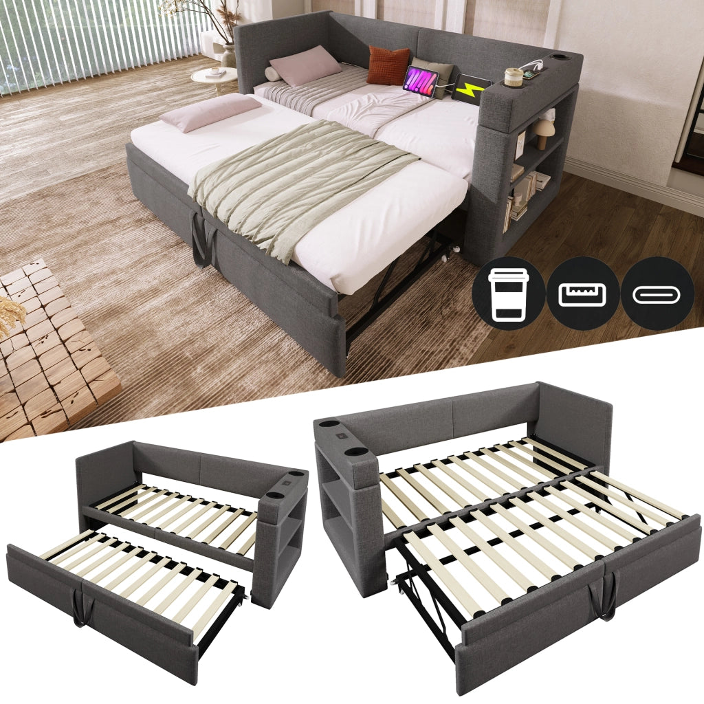 Letto con letto estraibile 90 × 200 cm con ricarica USB e Type-C portabevande rivestito in cotone e lino grigio