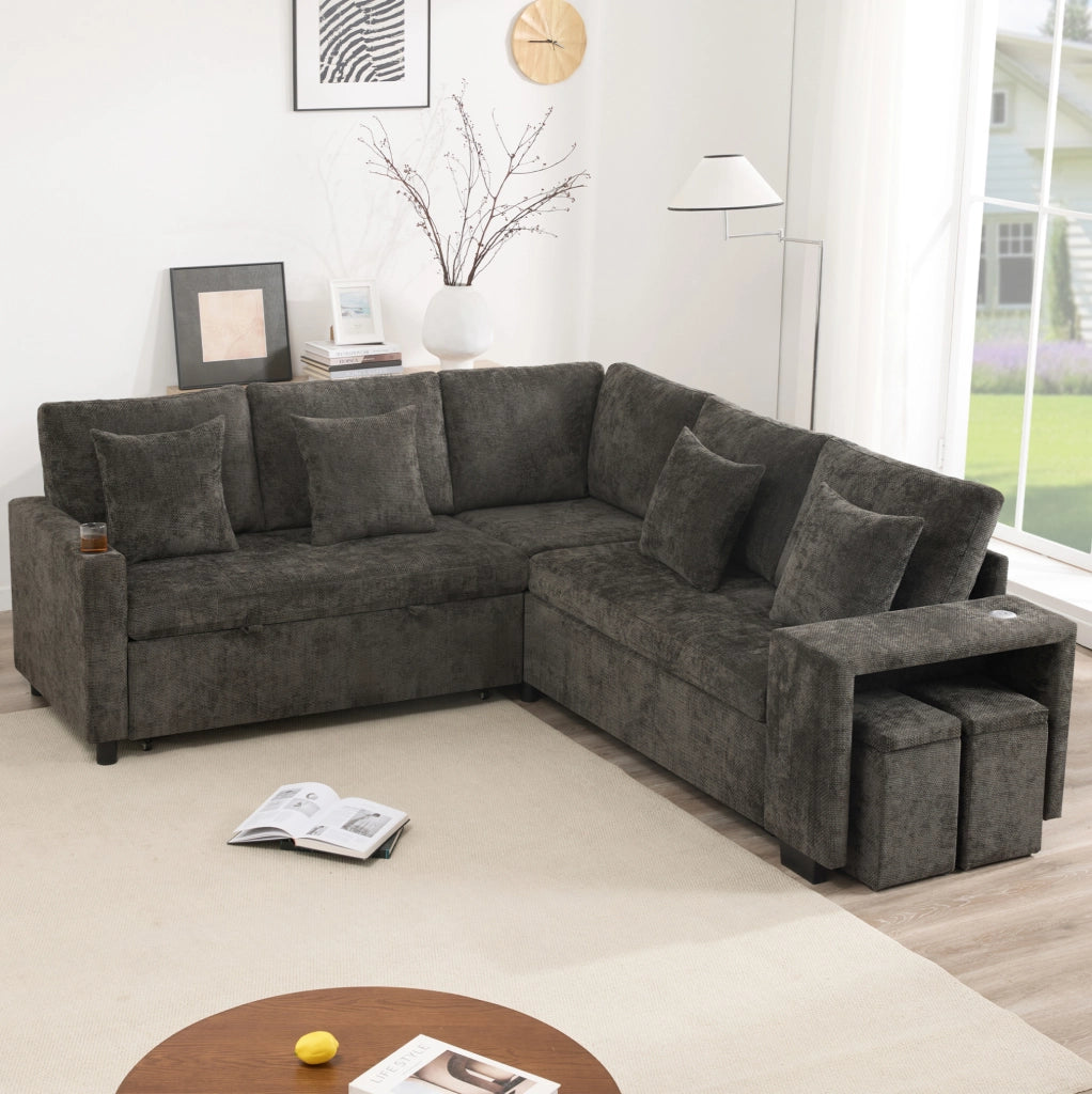 Divano angolare letto L, 5 posti con pouf contenitore, tessuto chenille grigio, USB e USB-C, braccioli larghi, con cuscini inclusi