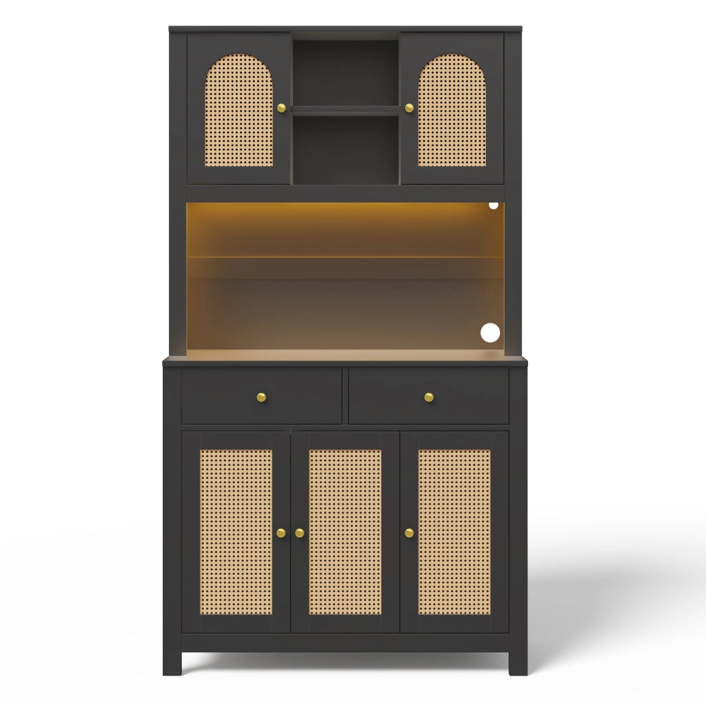Mobile Dispensa 100x40x180 cm Nero con LED RGB App, 5 Ante Rattan, 2 Cassetti, 2 Prese e 2 USB