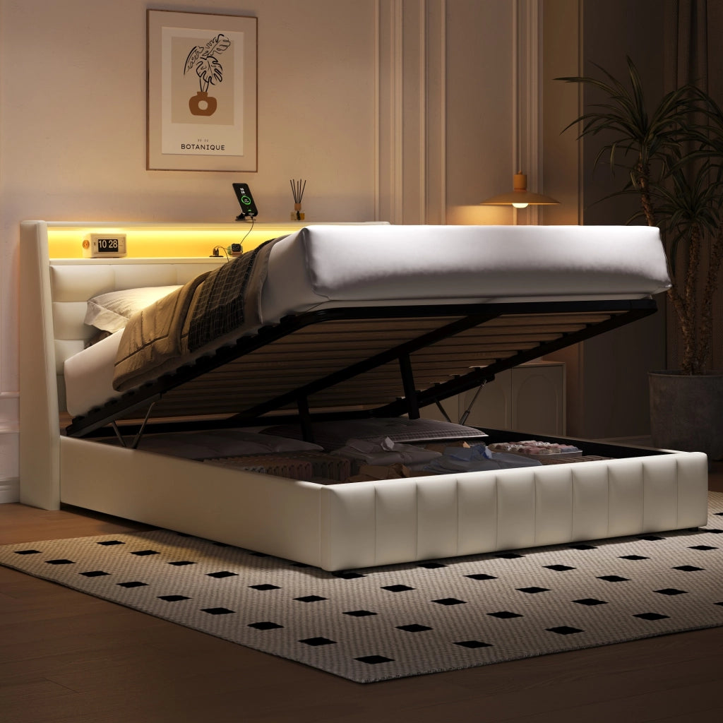 Letto contenitore 160 × 200 cm con LED a 7 colori USB testiera regolabile imbottita in PU MDF e compensato bianco