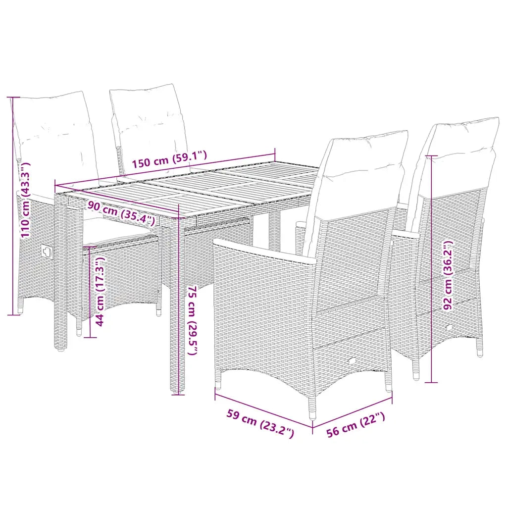 Set da Pranzo da Giardino 5 pz Nero con Cuscini in Polyrattan
