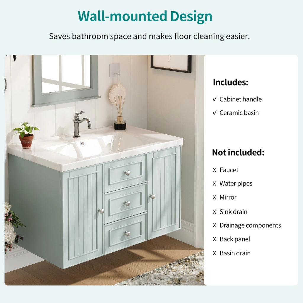 Mobiletto con lavabo sospeso in MDF verde con lavabo in ceramica e vano laterale 78.5 × 46 × 46.8 cm
