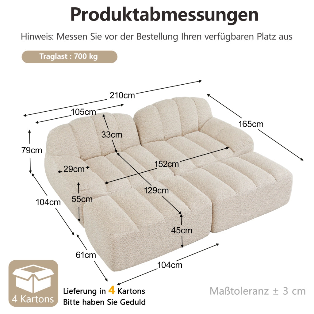Divano angolare modulare a 2 posti senza struttura rigida in pile granulato beige bianco antiscivolo