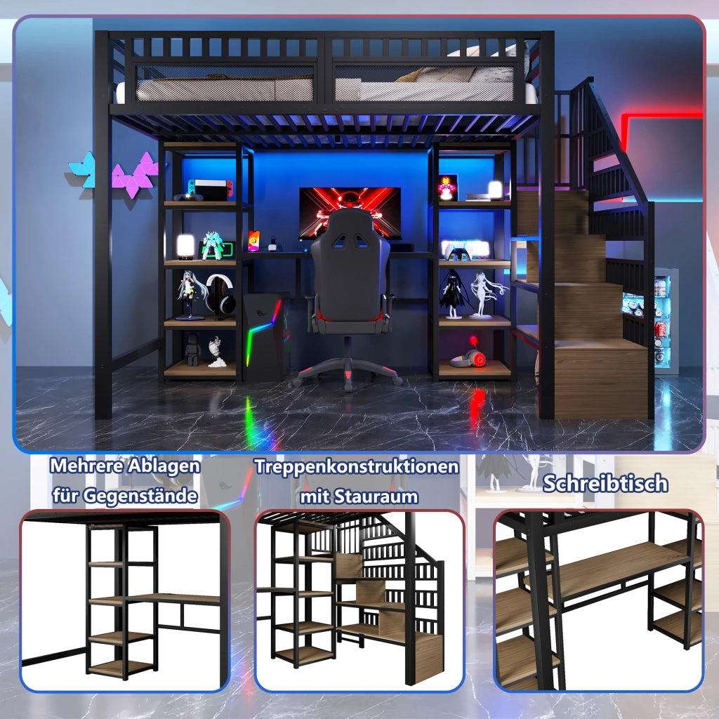 DESMIU Letto a soppalco 140 × 200 cm 1 posto con scrivania, scaffali, LED e USB, senza materasso, nero