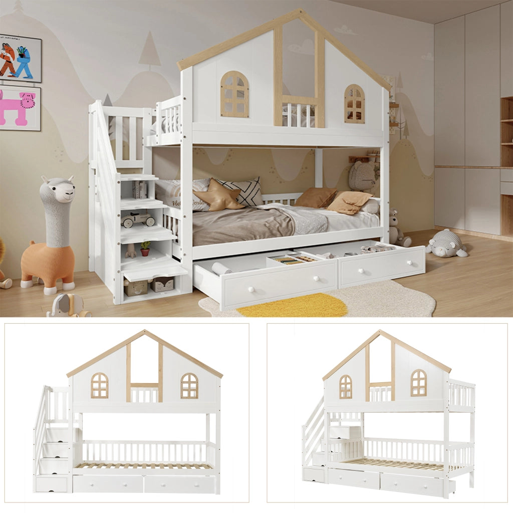 Letto a castello per bambini 90 x 200 cm a casetta; pino e MDF; scala contenitore; bianco e legno naturale