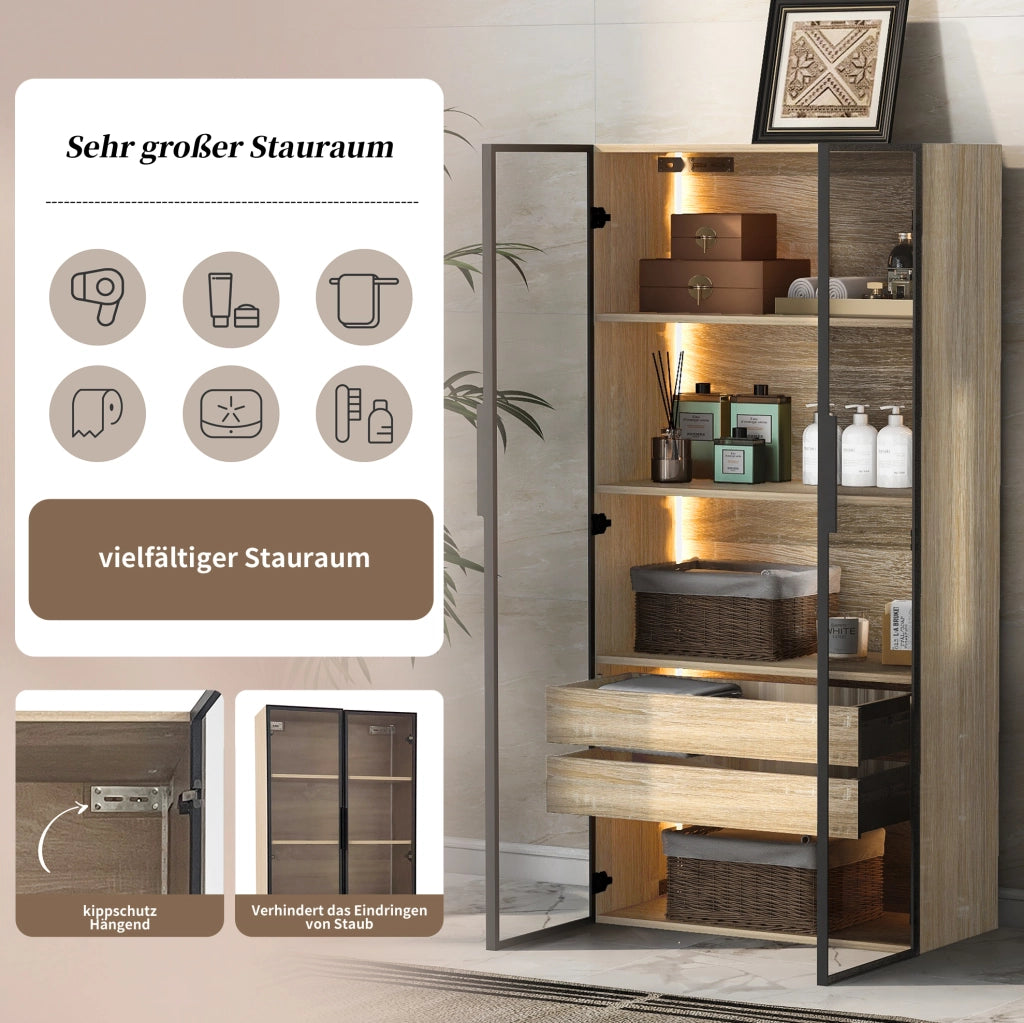 Set di 2 Armadietti da Bagno con LED, 73 cm, 2 Cassetti e 2 Porte in Vetro Satinato Marrone Chiaro