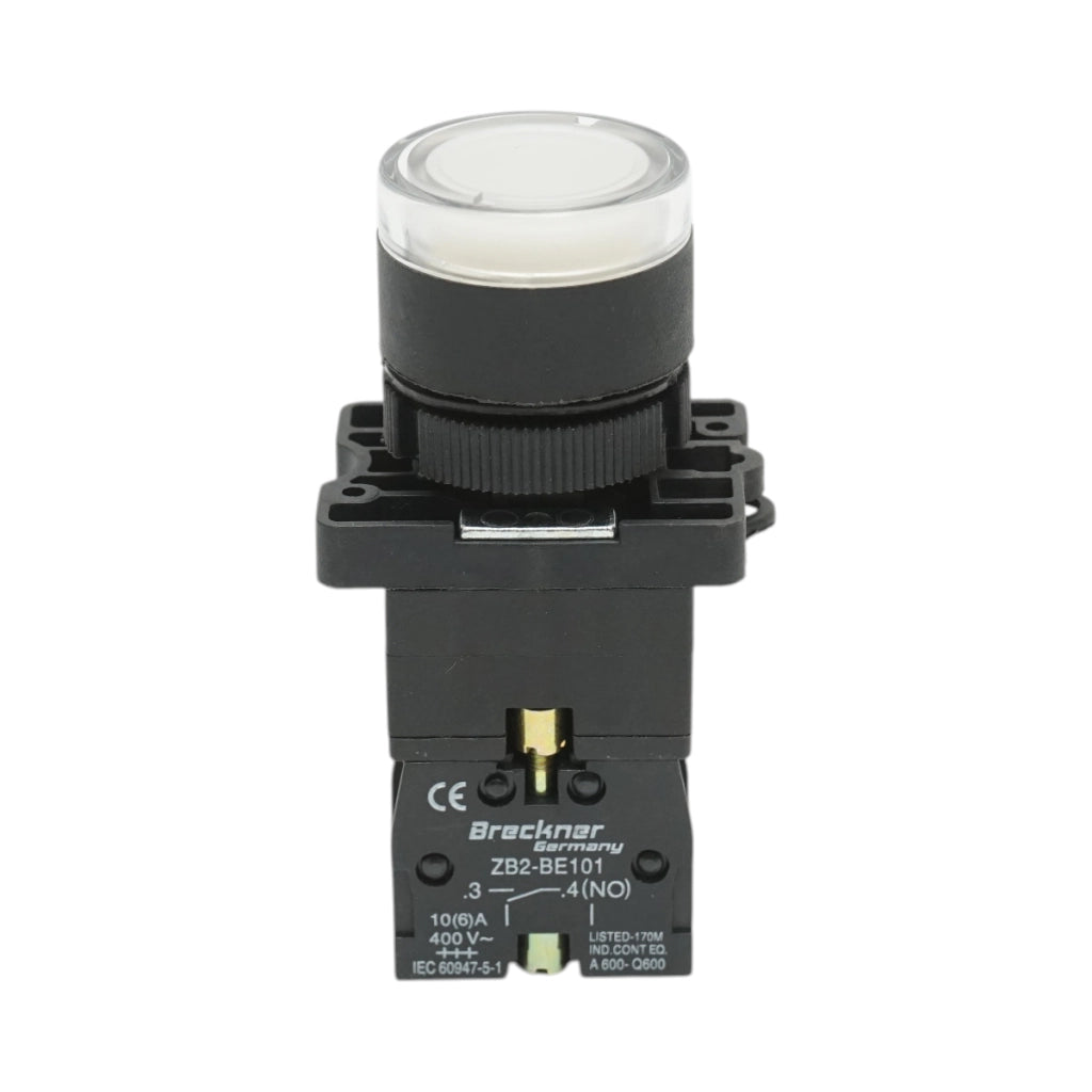 Pulsante indicatore LED bianco con resistenza integrata 1NO, 220V, LAY5 Breckner Germany
