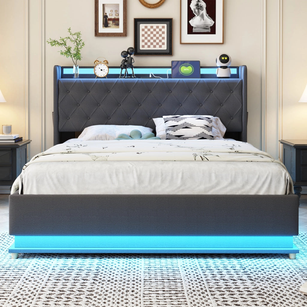 DESMIU Letto contenitore 140 × 200 cm 2 posti con LED, USB e vano idraulico, senza materasso, grigio