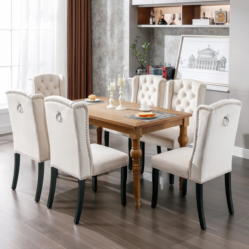 Set 2 Sedie da Pranzo in Velluto Beige con Gambe in Quercia, Bottoni e Borchie Cromate, per Soggiorno e Camera
