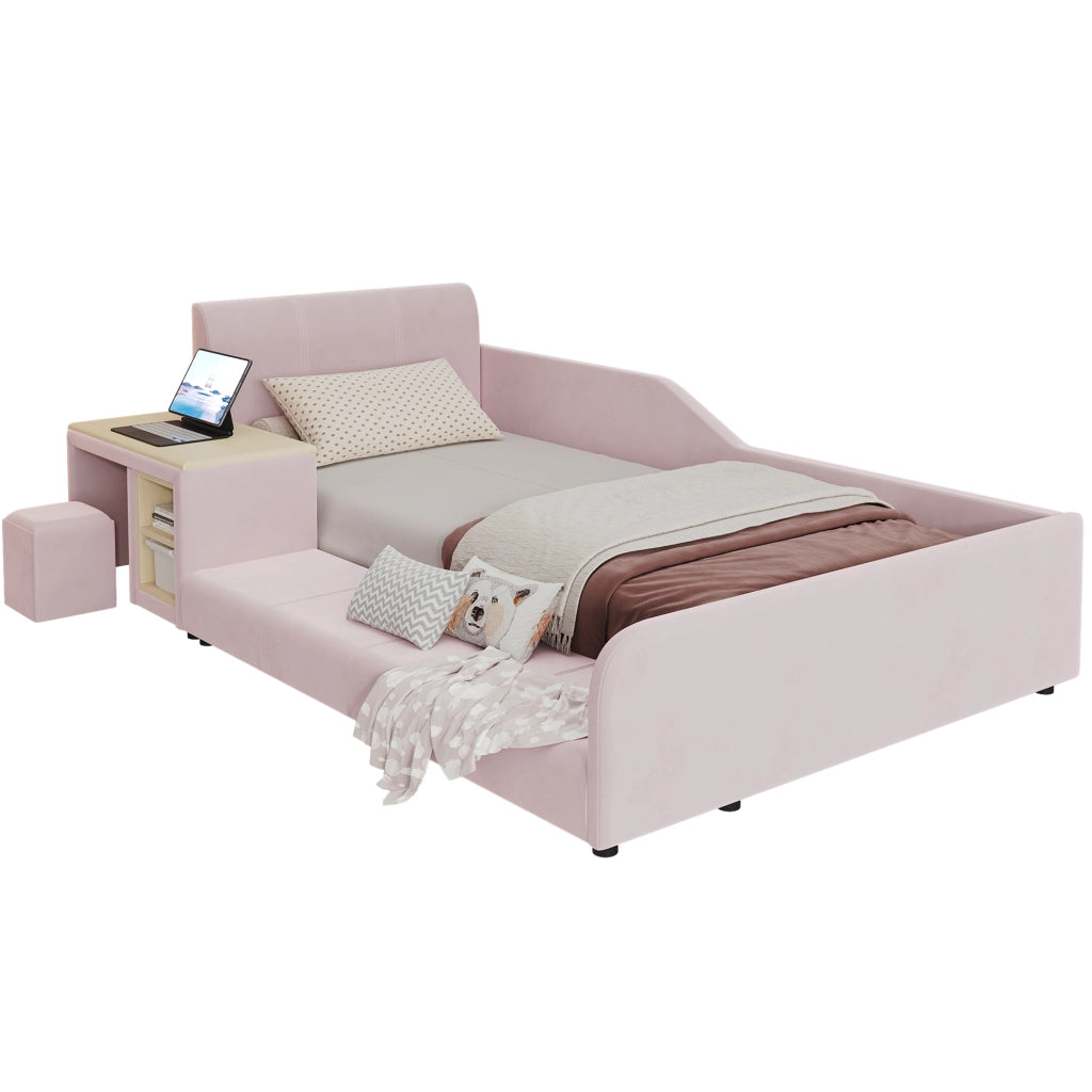 Letto imbottito 90 x 200 cm con LED e contenitori, scrivania integrata e sgabello, letto singolo in velluto rosa con rete a doghe