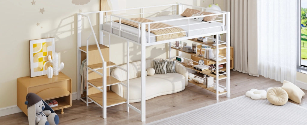 Letto a soppalco 140 × 200 cm con scala contenitore in MDF e metallo bianco armadio e ripiani per cameretta