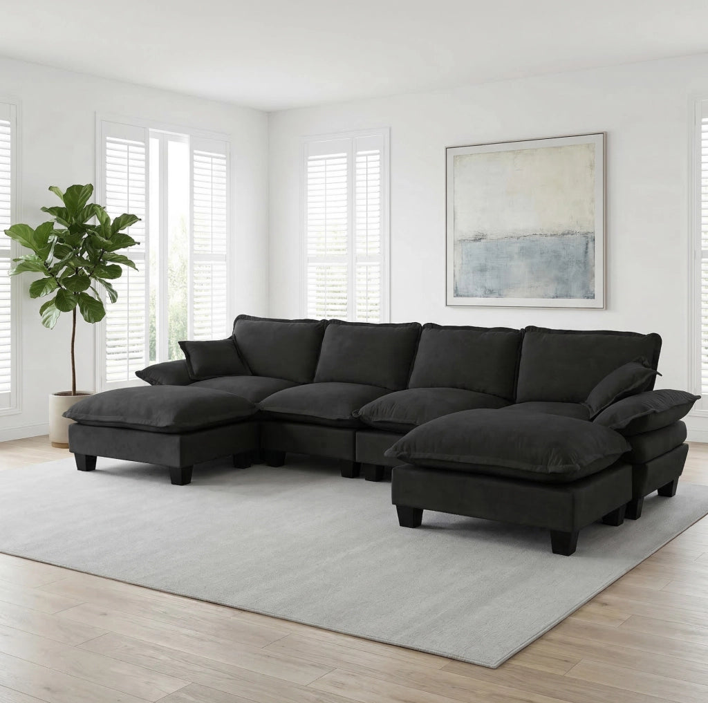 Divano modulare ULEVR 332x151x90 cm in ciniglia nera con ottomana mobile e braccioli rimovibili