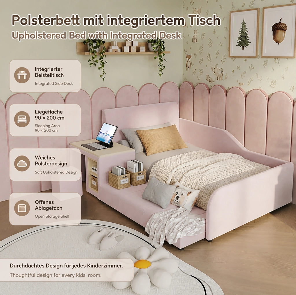 Letto imbottito per bambini con scrivania e sgabello