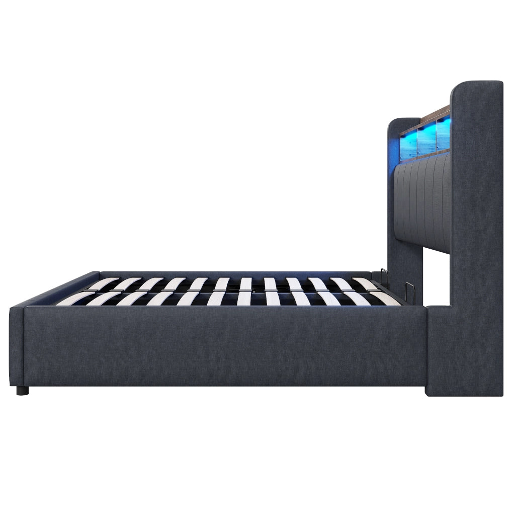 Polsterbett 140x200 cm con LED; USB e Type-C; contenitore idraulico; grigio