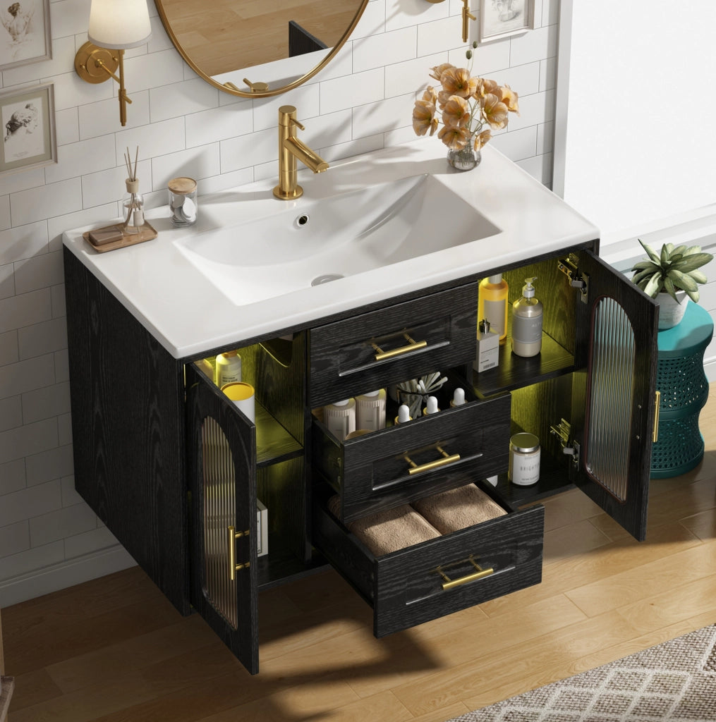 Mobile lavabo sospeso 76x46x55 cm in MDF nero con lavabo in ceramica e LED