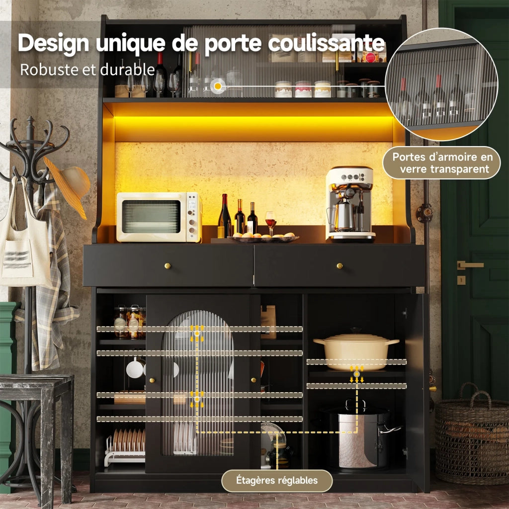 Credenza alta da cucina e sala da pranzo nera con ante a vetrina, 2 cassetti, ripiani regolabili e illuminazione LED a colori variabili