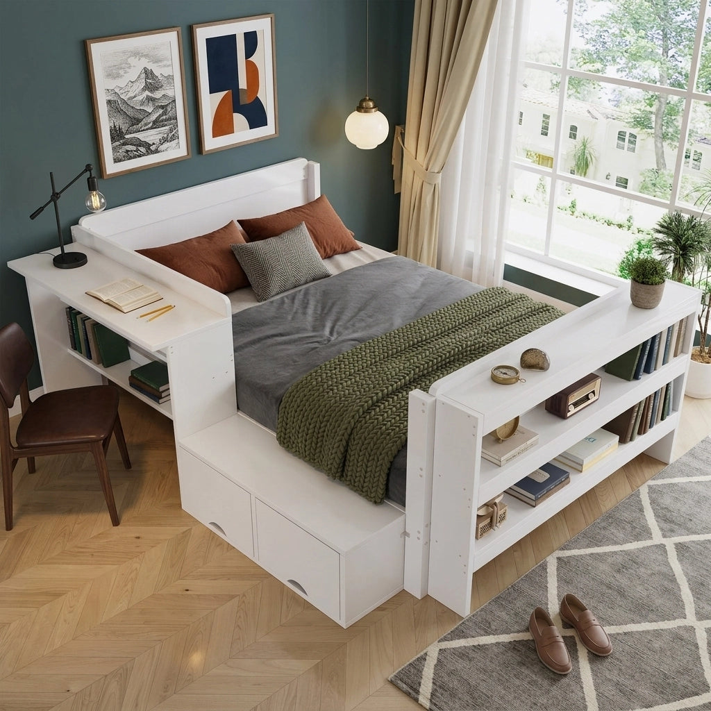Letto una piazza e mezza 120 × 200 cm con scrivania contenitore in legno bianco modulare