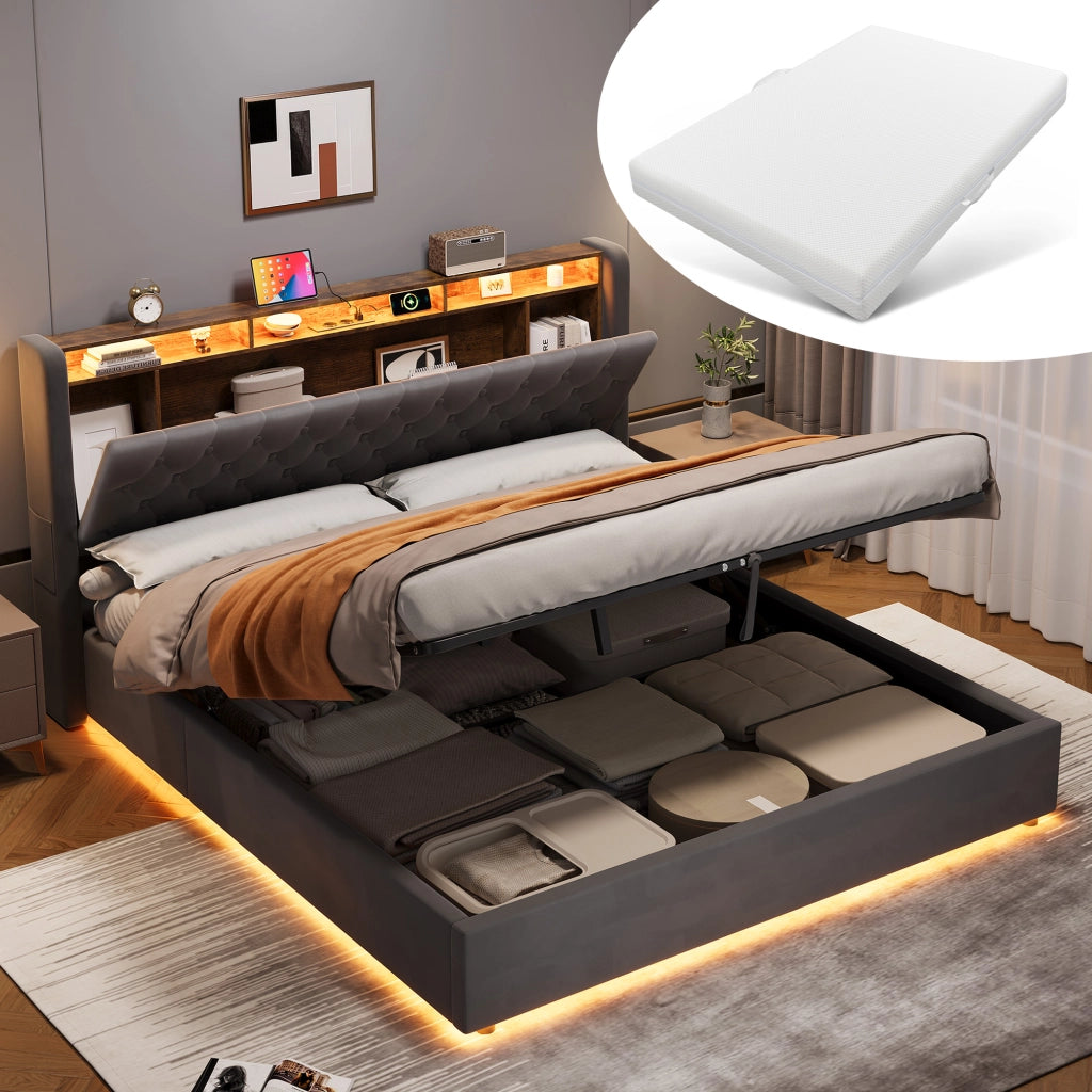 Letto contenitore matrimoniale 180x200 cm;LED;vano contenitore;presa elettrica;testiera reclinabile;base imbottita;grigio scuro;materasso escluso
