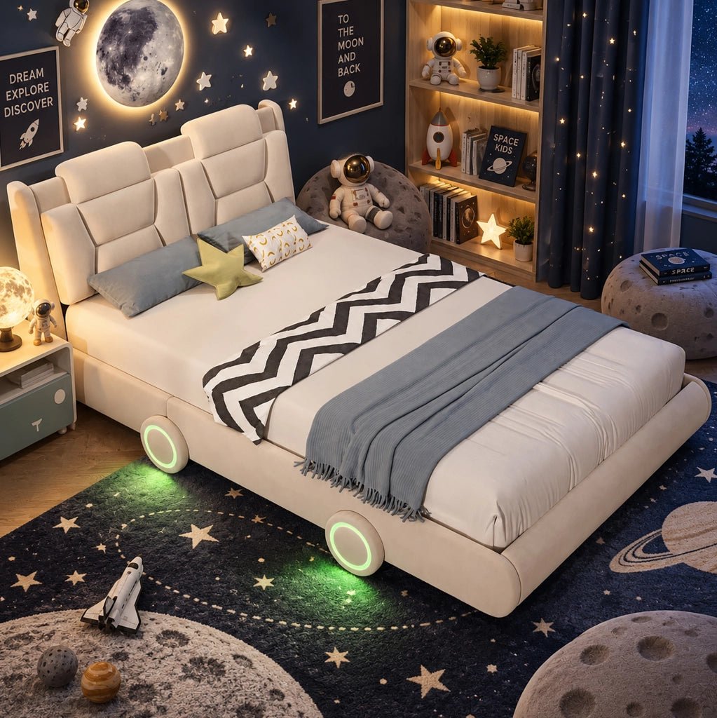 Letto Imbottito per Bambini a Forma di Auto 140 x 200 cm Beige in Flanella - Senza Materasso