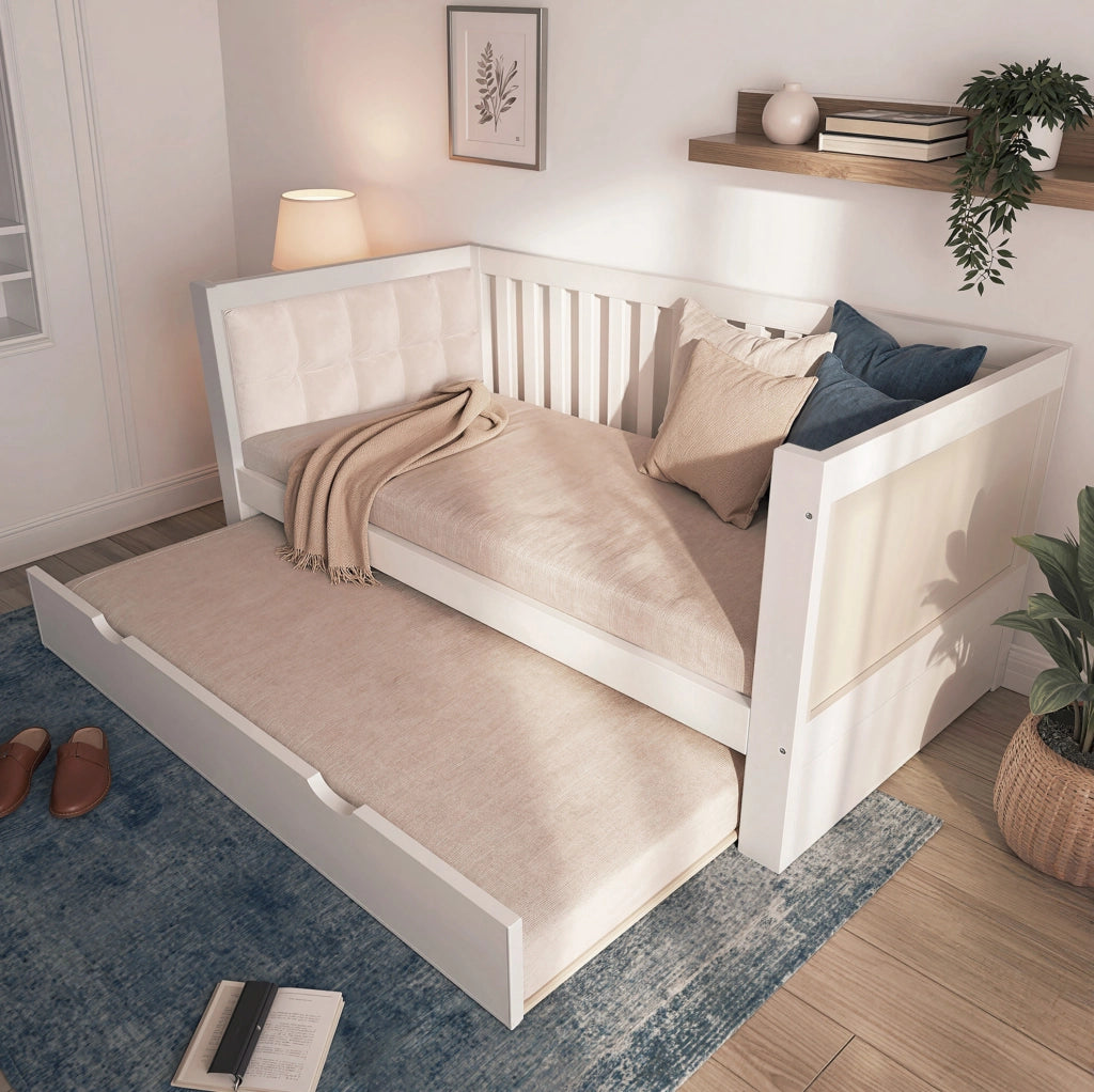 Letto giorno 90x190 cm con letto estraibile, in legno massello, bianco