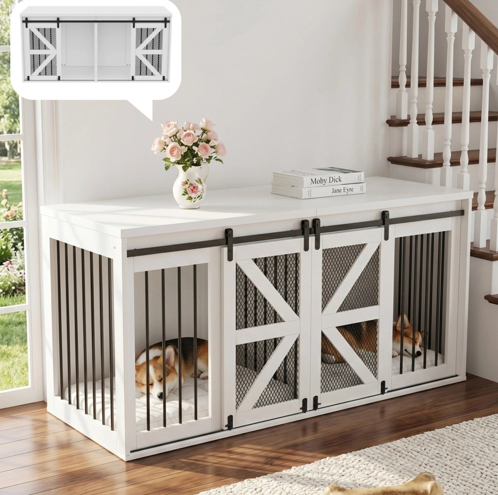Mobile per Cani a Due Posti in Legno e Metallo 160 x 60 x 75 cm con Divisorio Fisso e Porte Scorrevoli Bianco