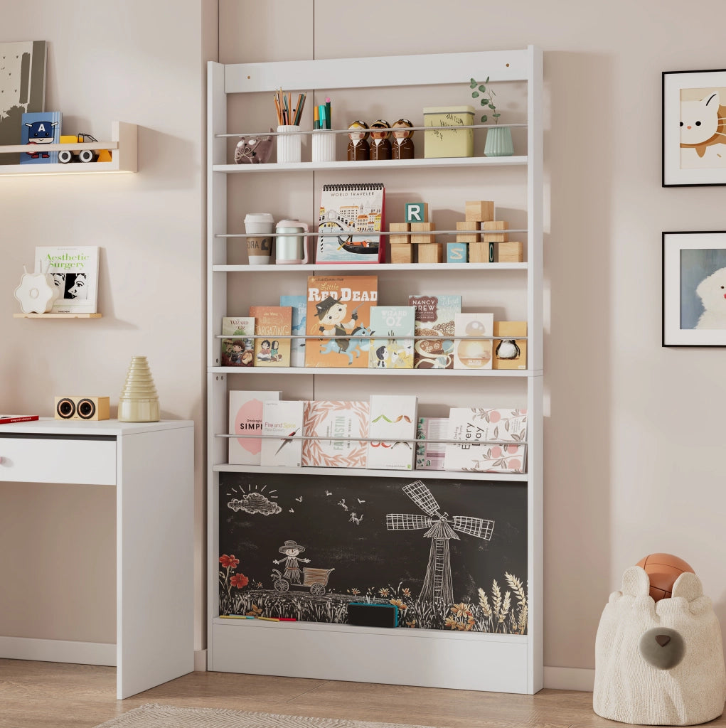 Set 2 Librerie per Libri Illustrati in Legno 100 x 10 x 180 cm con 4 Ripiani e Lavagna Bianco
