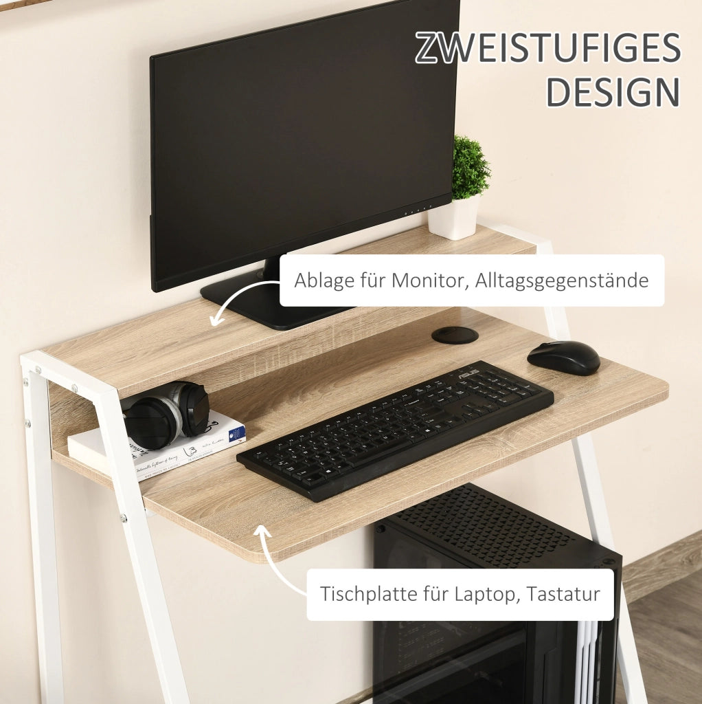 Scrivania moderna in metallo bianco con piano in MDF rovere 84x45x85 cm con vano portaoggetti e passacavi per home office