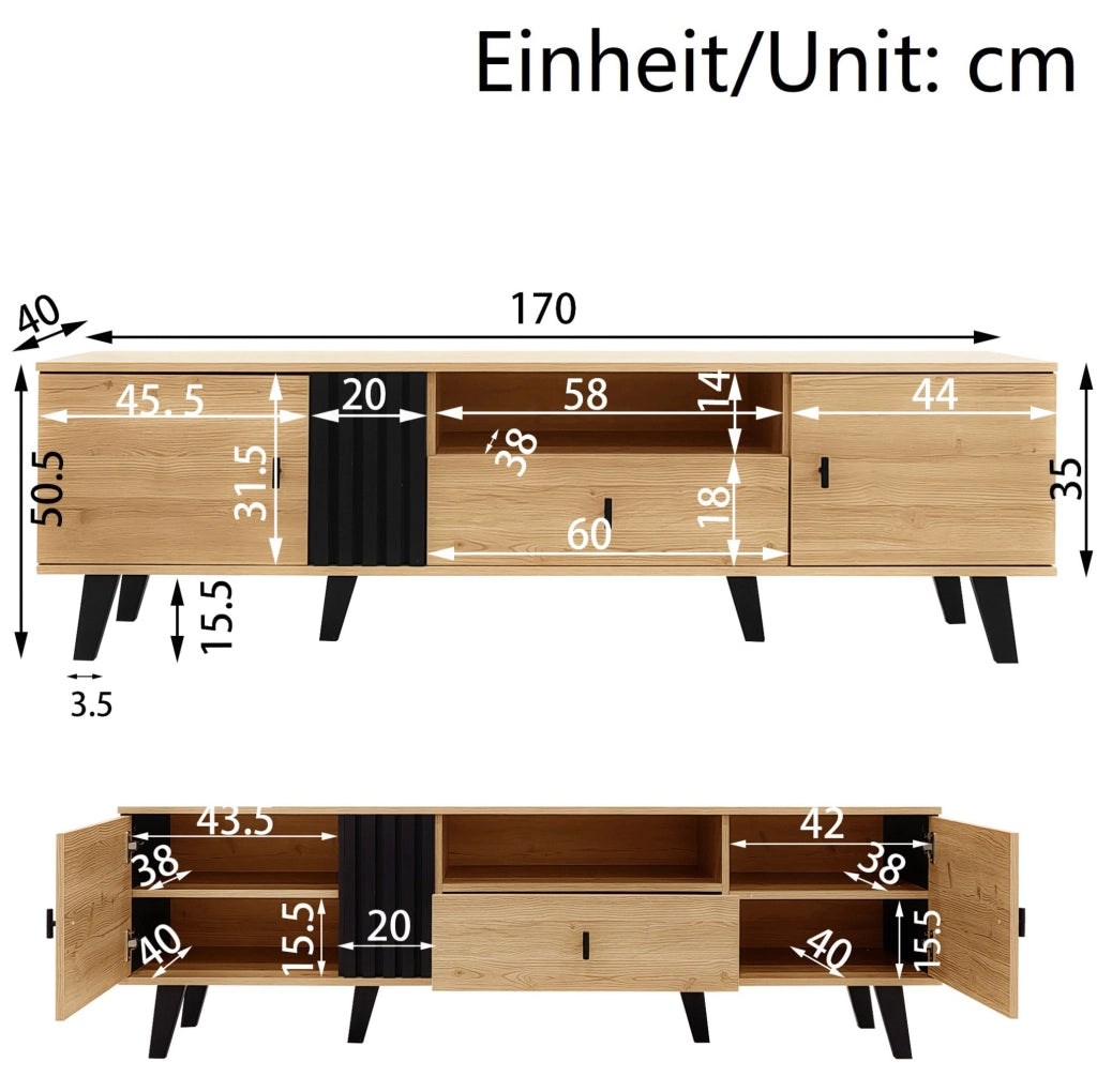 Mobile TV 170 cm con 2 ante; 1 vano e 1 cassetto; vetro e pannello truciolare; naturale e nero