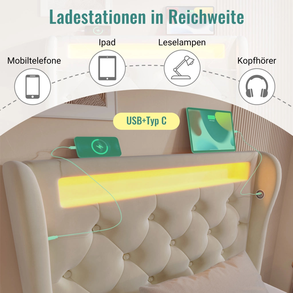 Letto Contenitore Singolo Imbottito 90x200 cm con Sollevamento Idraulico; LED; USB; USB-C; Beige