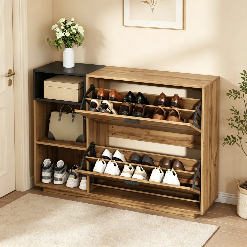 Scarpiera per ingresso con 3 vani aperti e 2 scomparti a ribalta in MDF naturale e nero 120 ¡Á 32 ¡Á 84.5 cm