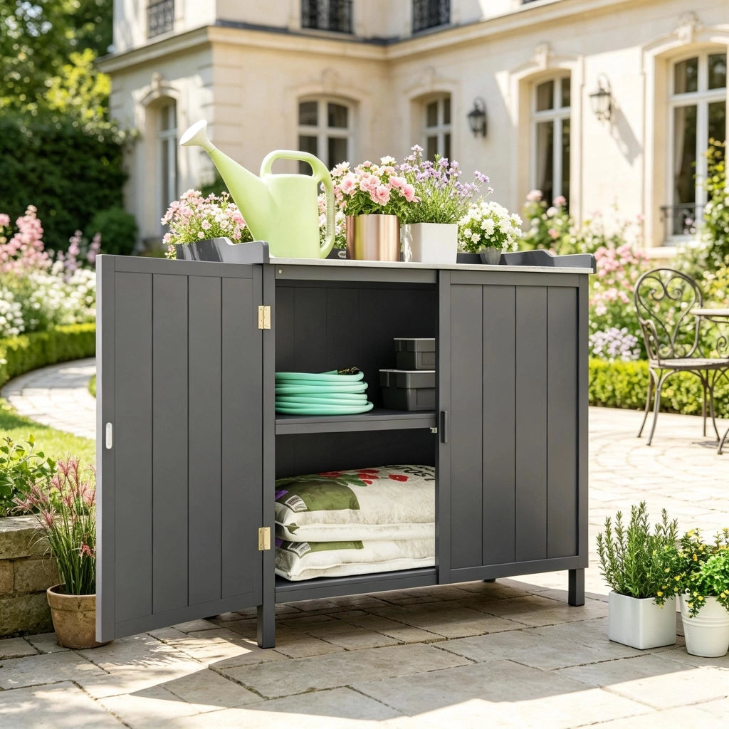 Mobile contenitore da giardino con 2 ante ripiano e piano di lavoro per balcone e terrazza 98×48×95.5 cm