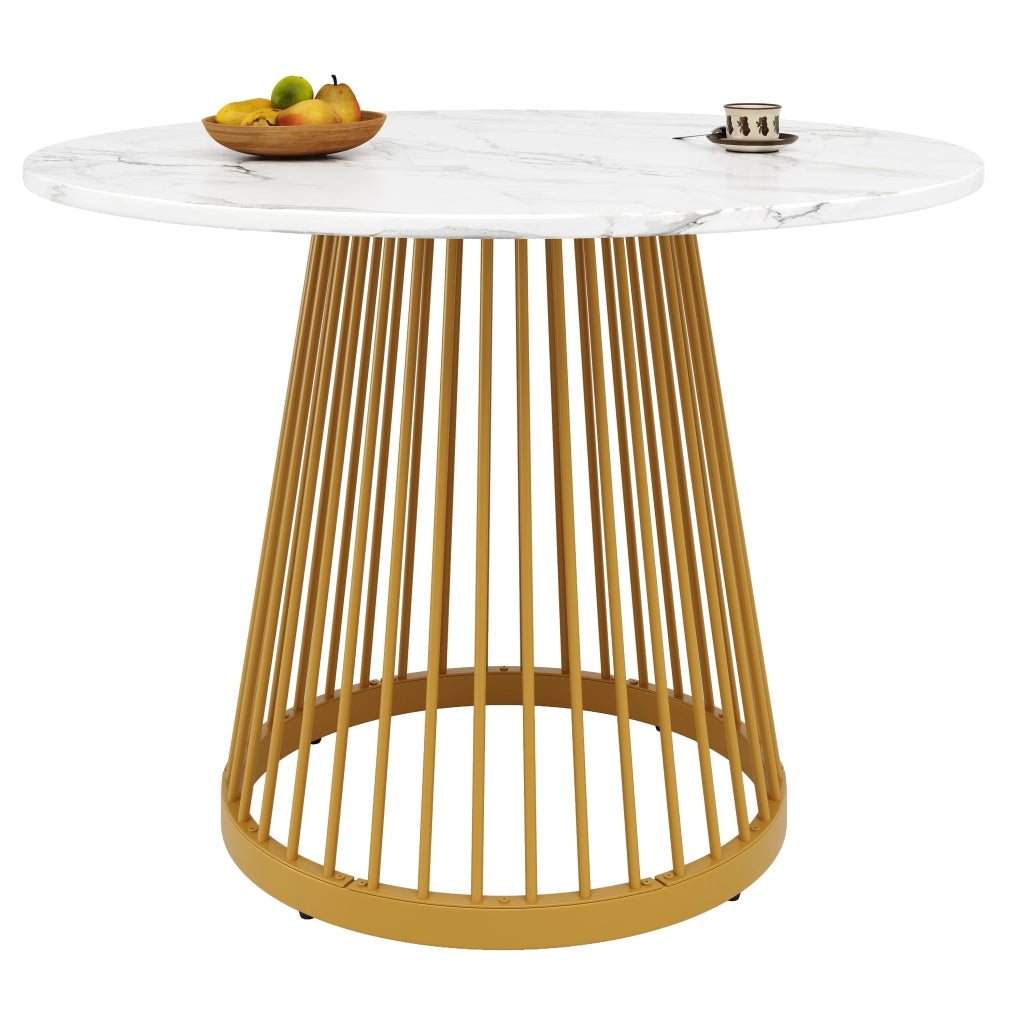 Tavolo da pranzo rotondo in MDF e metallo, bianco e oro, stabile e versatile per 4 persone