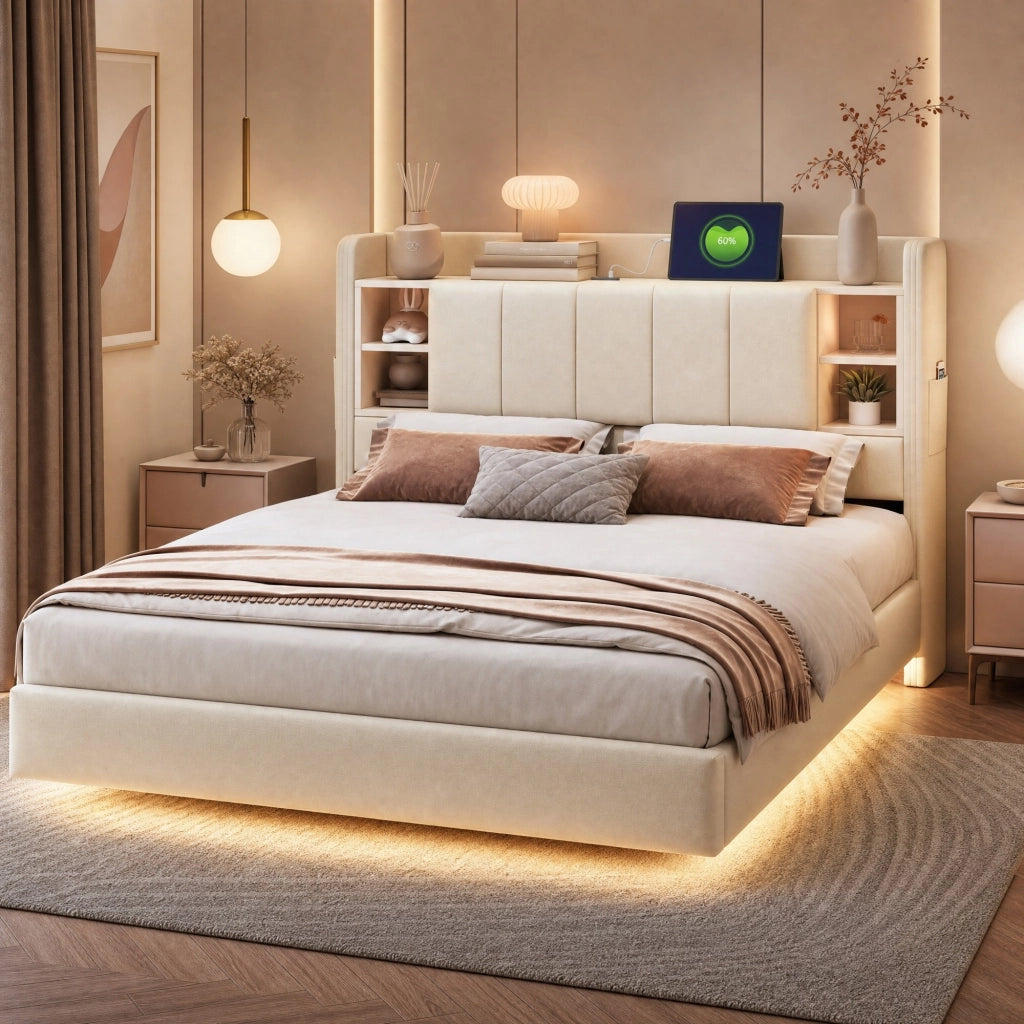 Letto matrimoniale imbottito 140x200 cm beige con LED e USB