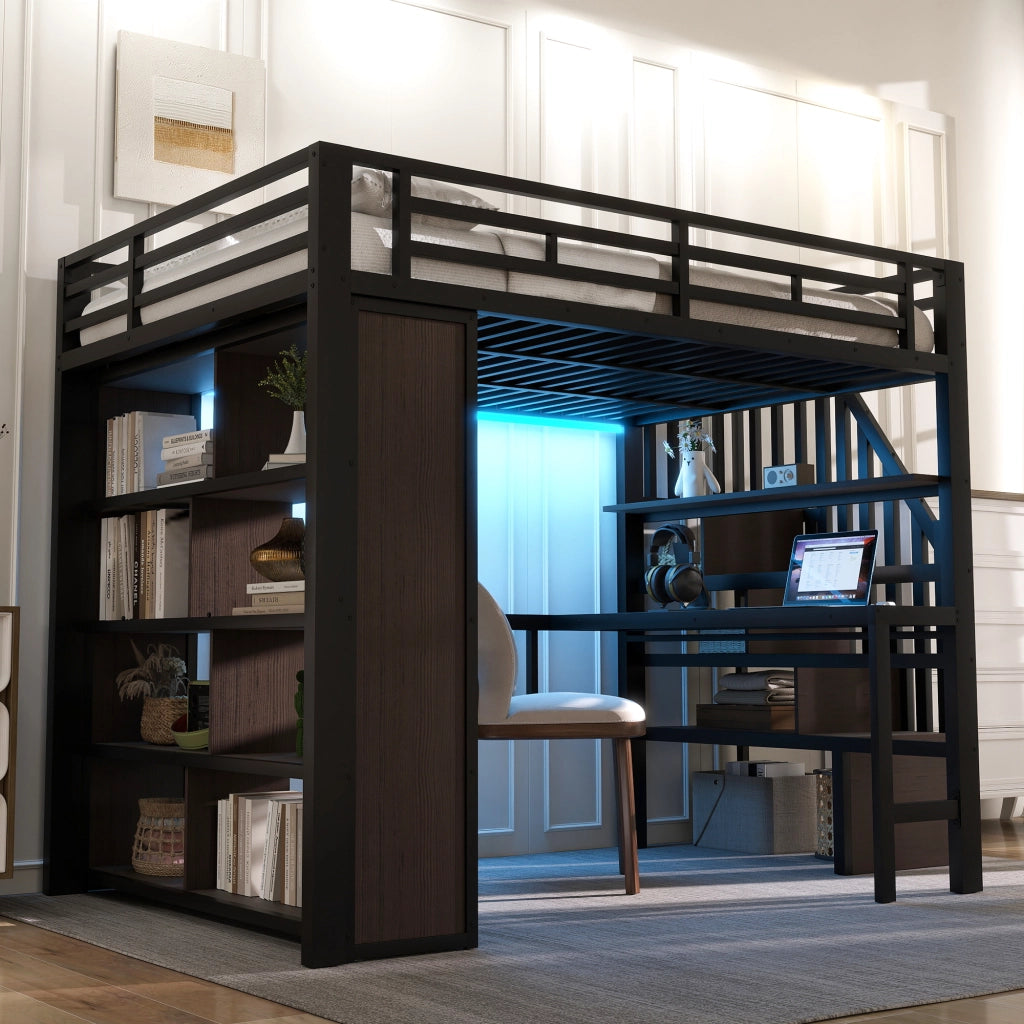 Letto a soppalco 140 × 200 cm con scrivania ripiani scala contenitore LED in metallo e MDF nero