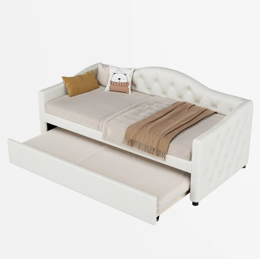 Letto singolo 90x200 cm con letto estraibile in lino beige HOMVRA