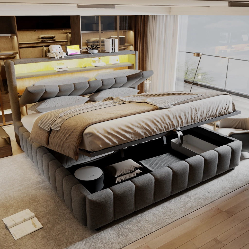Letto contenitore matrimoniale 180 × 200 cm con LED, USB e USB-C, testiera con vano, senza materasso, tessuto grigio