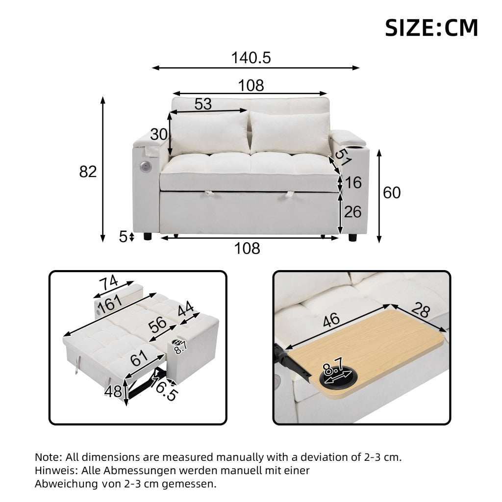 Divano Letto 3 in 1 Estraibile 2 Posti con Tavolo e Portabicchieri ¨C Xylo ¨C Beige