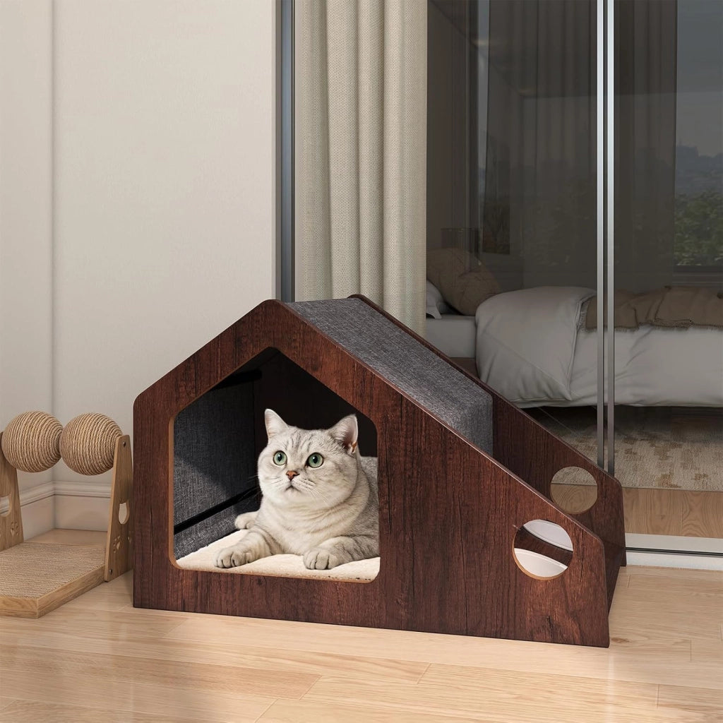 Casetta in Legno per Gatti da Interni con Stazione di Alimentazione
Condo per Gatti con Tetto Rimovibile e Struttura in Metallo, Cuccia per Gattini in Stile Fattoria, 60 x 40 x 40 cm