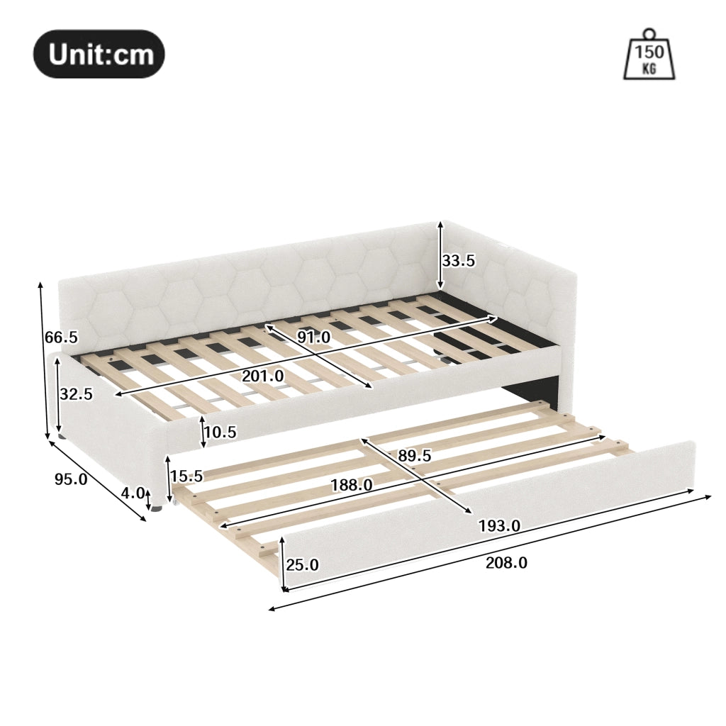 Letto divano singolo 90 × 200 cm con letto estraibile; USB; tipo C e lampada; senza materasso; bouclé bianco