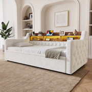 Divano letto estraibile 90 × 190 cm in velluto beige con testiera contenitore LED USB Type-C e rete a doghe